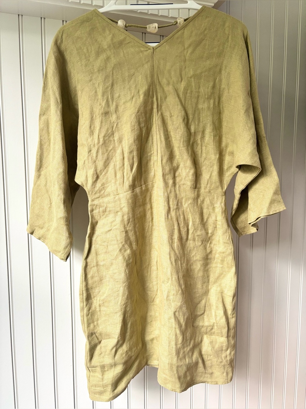 NOCTURNE 100% Linen Beaded Back Mini Dress Olive Green Women's S Quiet Luxury - Picture 4 of 14